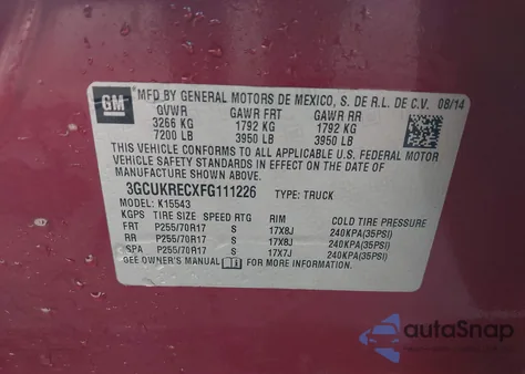 2015 Chevrolet Silverado 1500 1Lt from USA, damaged, VIN 3GCUKRECXFG111226